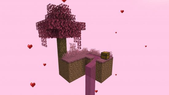 A Skyblock island with a pink tree, pink grass, and pink water, from the official Skyblock Minecraft server.
