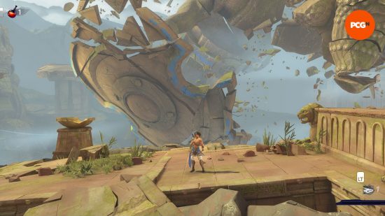 Best new PC games: Prince of Persia The Lost Crown - a shirtless bro stands on a barren rock as a massive monster flies behind.