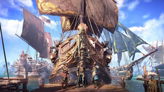 Drei Charaktere stehen vor einem riesigen Piratenschiff mit einem Skelett auf der Vorderseite und riesigen, zerfetzten Segeln