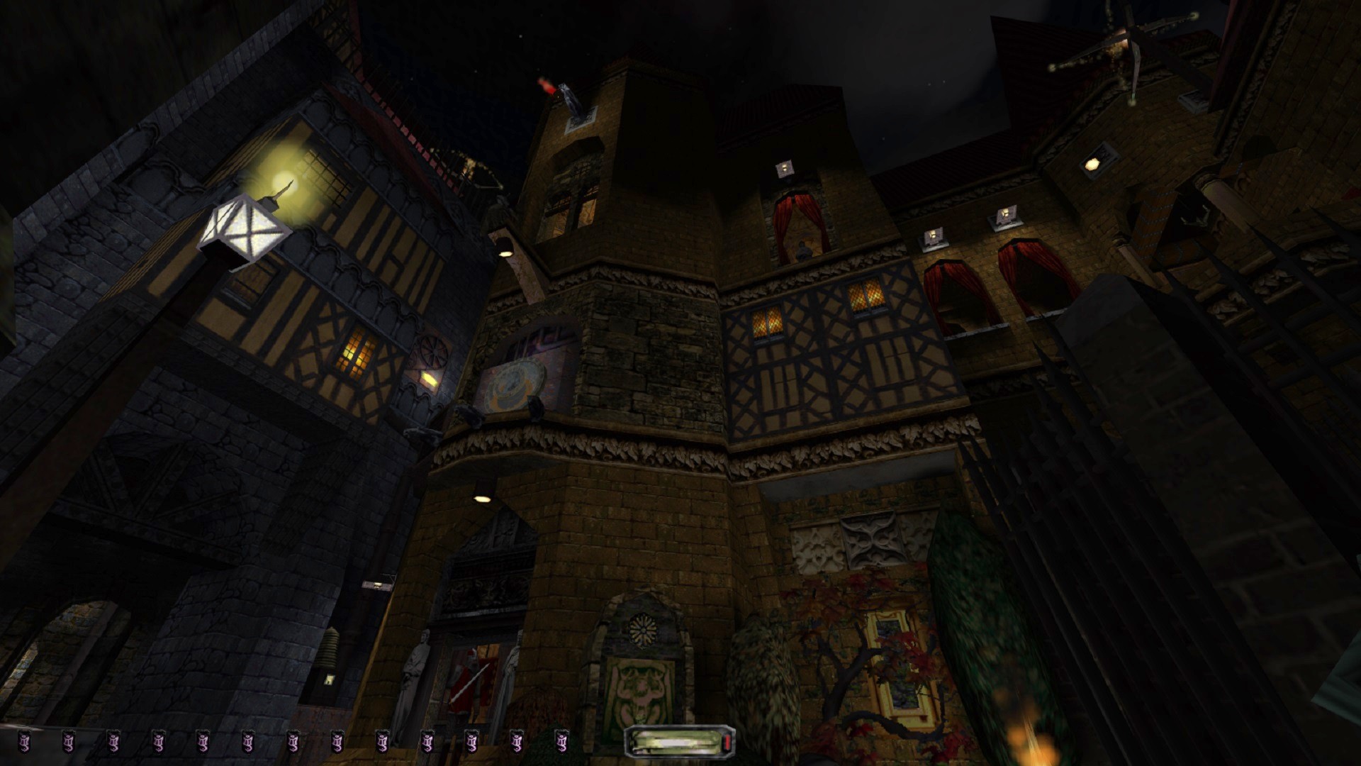 A dimly lit mansion exterior in Thief The Dark Project.