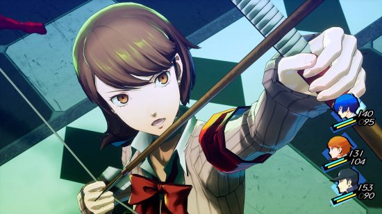 Best new games: Yukari Takeba from Persona 3 Reload is aiming her bow and arrow at a target offscreen.