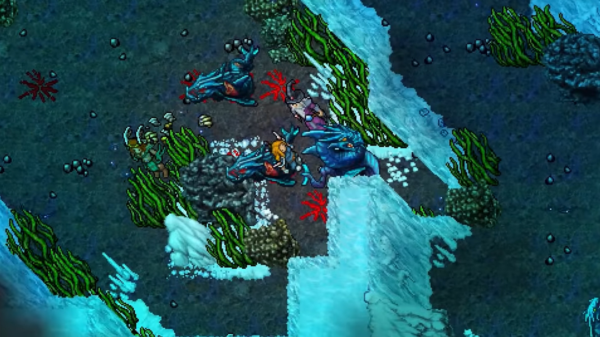 Best single-player MMOs: Tibia. Image shows adventurers walking across the seabed.