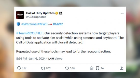 Ein Tweet warnt Spieler davor, die Zielhilfe mit Maus und Tastatur zu verwenden. 