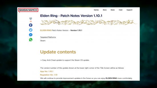 Elden Ring patch notes 1.10.1, which feature "Easy Anti-Cheat update to support the Steam OS update."