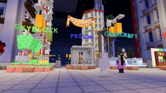 The entrance to three of the gamemodes in Mineville, one of the best Minecraft servers.