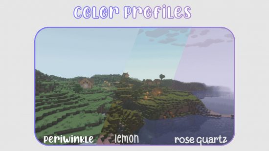 Three variations of Minecraft Pastel shaders, a shader pack that changes the color tone of your Minecraft world.
