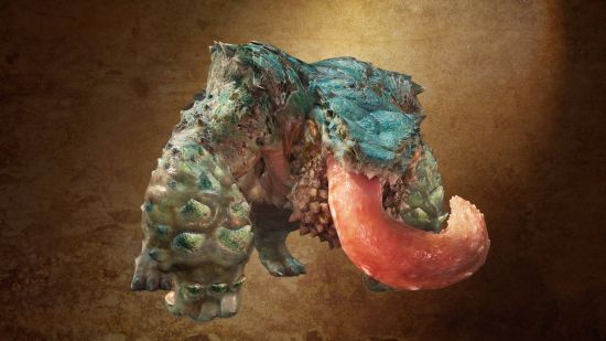Monster Hunter Wilds release date: the Chatacabra is a cross between a bullfrog and a gorilla, with scally skin and a sticky tongue.