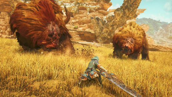 Monster Hunter Wilds release date: the hunter is gearing up to swing his great sword at the male monster. A female of the same species is behind him.