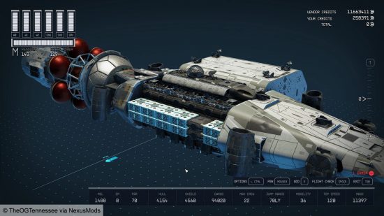 Schiffsbau-Mod der Starfield M-Klasse – Screenshot des Projekts, der ein riesiges Raumschiff im Schiffsbau-Tool zeigt, aufgenommen vom Mod-Ersteller „TheOGTennessee“.