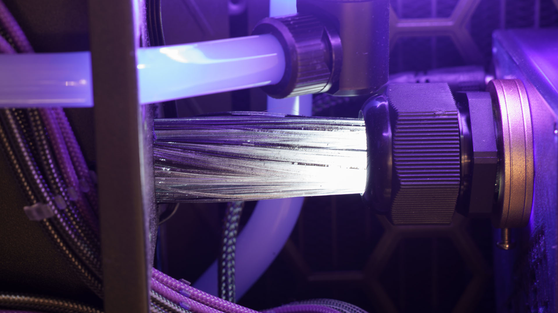 A close up of the case, focussing on the custom water cooling loop