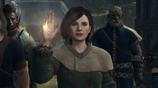 Games like Monster Hunter: a woman holding up her glowing hand. She is flanked by a Leonin and another two humans.