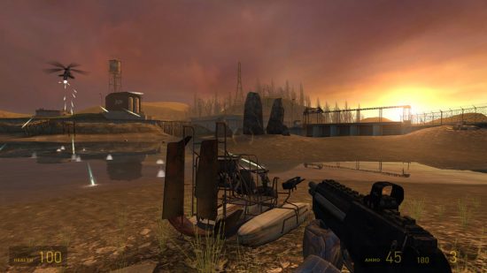 Best PC games: a person holding a gun stands on the bank of a river, the sun setting in the background in Half-Life 2