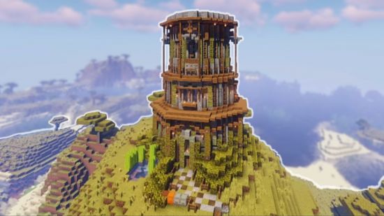 A round Minecraft tower design sits in the forefront of the image, with a stunning landscape sprawling behind it.