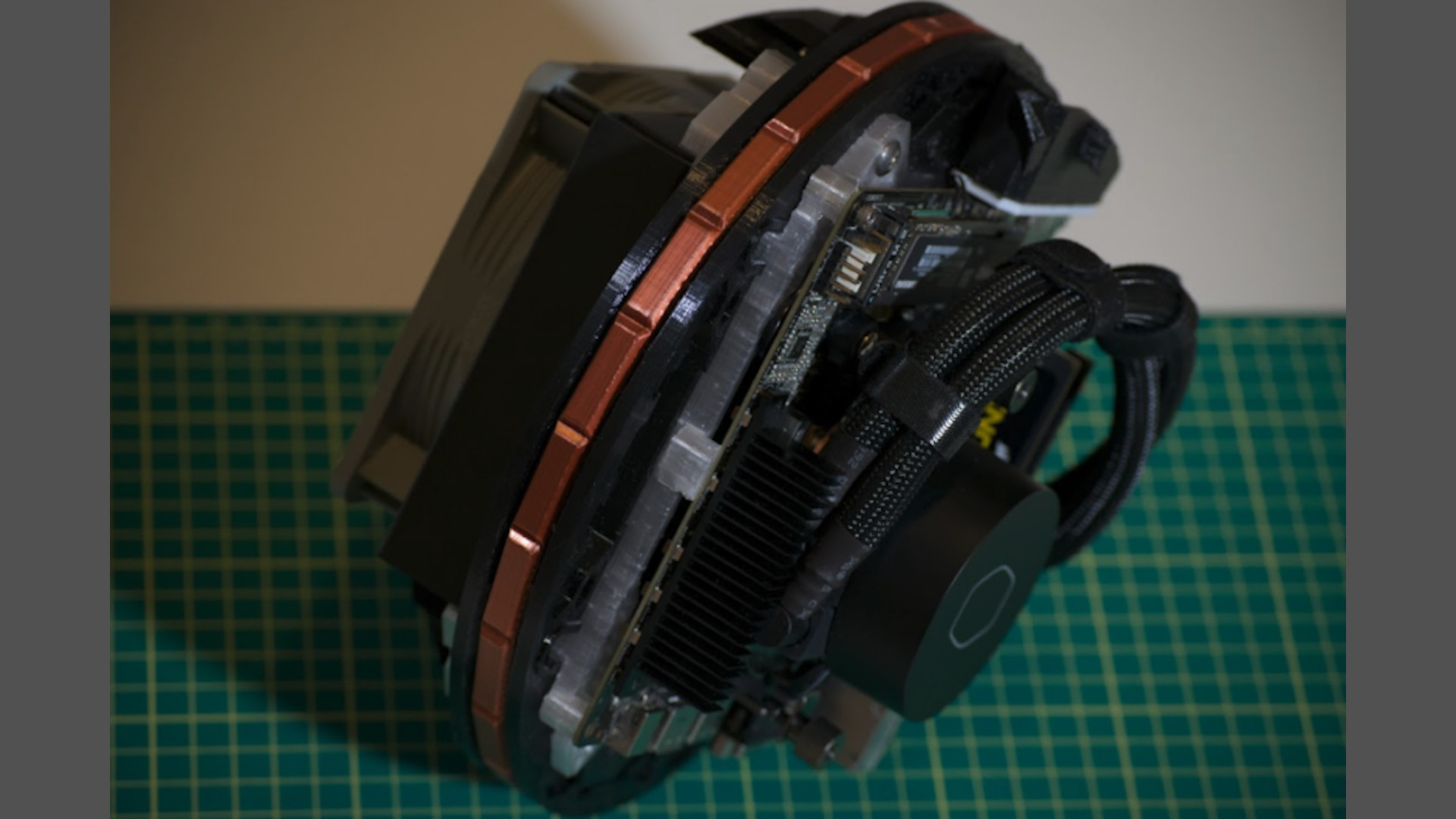 Das Innere des winzigen 3D-gedruckten PC-Gehäuses mit seinem AIO