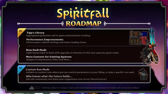 Spiritfall roadmap - Q2 is set to see stat tracking, performance improvements, a boss rush mode, and more weapons and items. Q3 is set to see a custom run mode and more based on user suggestions.
