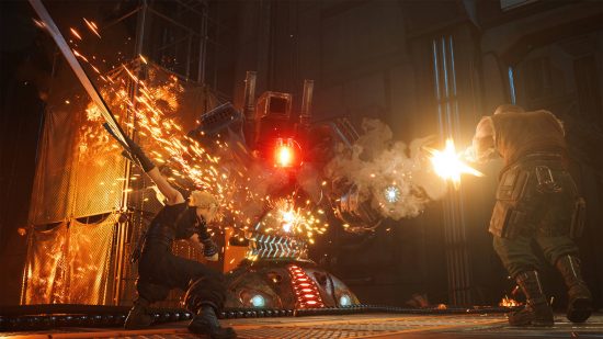 Best JRPGs: In Final Fantasy 7 Remake Intergrade, Cloud and Barret are fighting a robot near a reactor core.