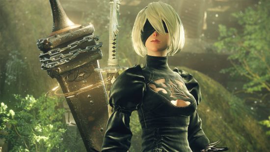 Best JRPGs: 2B from Nier Automata has her hair in a white bob, wears a black blindfold and a tattered black dress. A sword floats next to her.