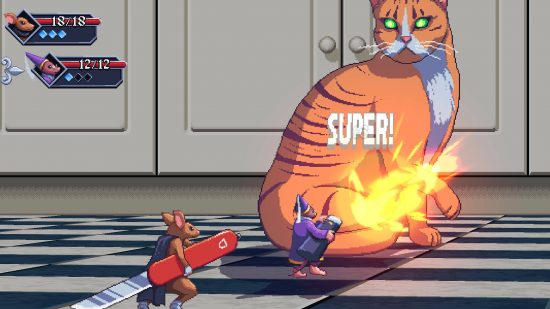 Best JRPGs: two mice are attacking a cat with tools in Small Saga.