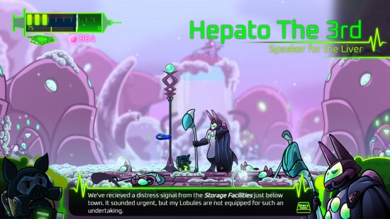 Erscheinungsdatum von BioGun – Ein Screenshot des Spielertreffens „Hepato the Third, Speaker for the Liver“ im Metroidvania-Spiel.