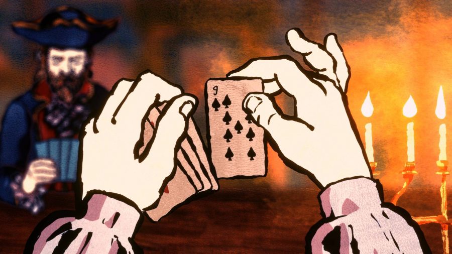 Card Shark: Two cartoon hands holding a set of cards, showing a 9 of spades, at a wooden, candlelit table as a bearded man in French period dress sits checking his own cards across the table
