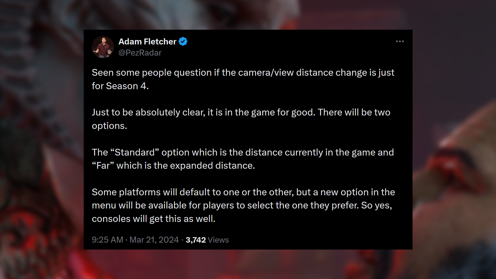 Diablo 4 Season 4 camera change - Message from D4 community manager Adam Fletcher: 
