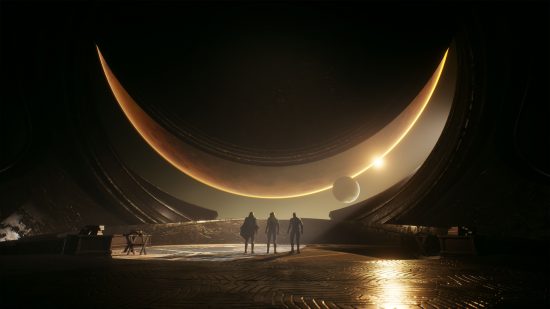 Dune Awakening preview: three travelers look out into the vastness of space.