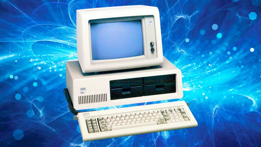 IBM PC 5150 on blue background