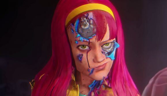 Judas release date: Hope grimaces at the player, her face marred by damage that reveals the robot chassis hiding beneath her flesh.
