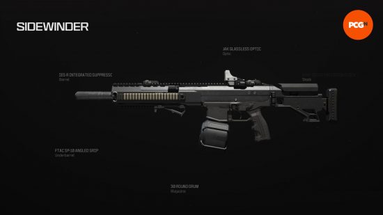 Warzone Sidewinder loadout: a large gun with several attachments.