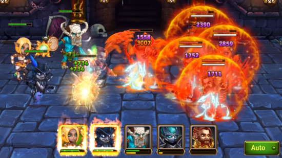 Best fantasy games: Hero Wars. Image shows a battle taking place among various heroes from the game.