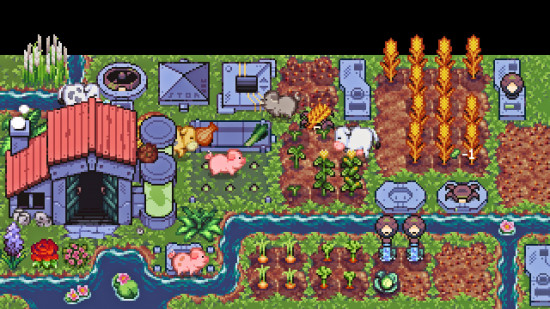 Best farming games: A pastoral scene in Rusty's Retirement, featuring pigs, cows, and crops surrounded by automation robots.