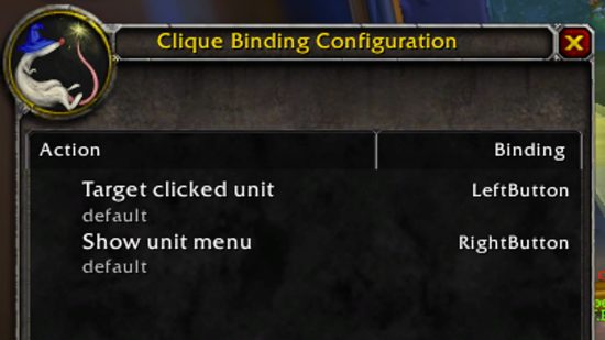 The configuration settings for Clique, one of the best WoW addons.