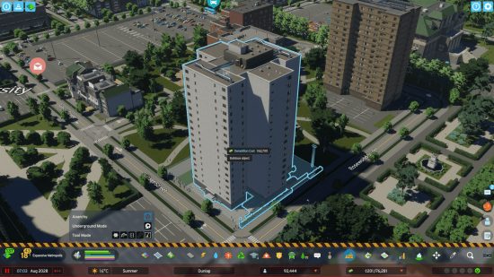 A building is highlighted, showing its demolition cost in the punishing Hard Mode Cities Skylines 2 mod.