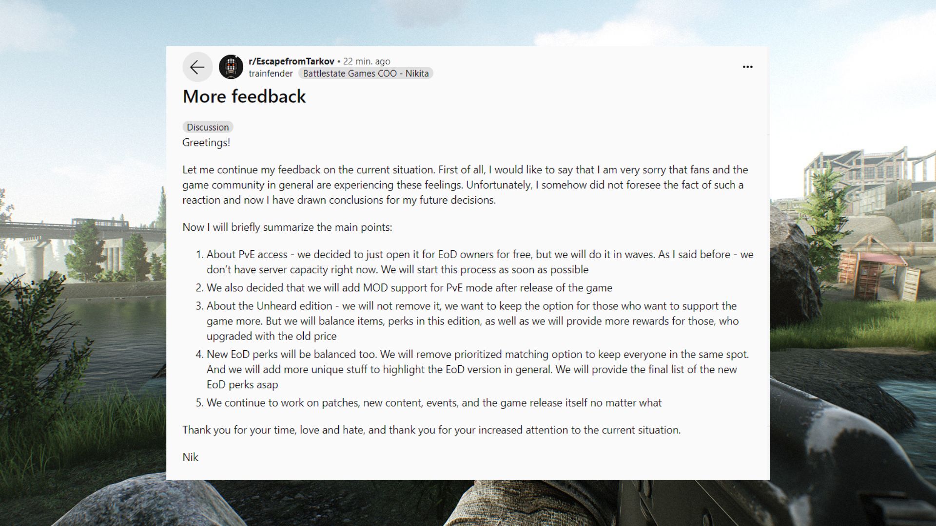 Escape From Tarkov apology: a Reddit post from Battlestate Games' CEO on EFT