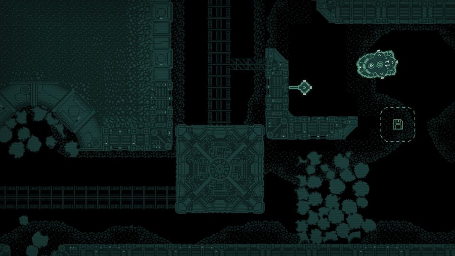A spaceship in Jitter navigates a mine filled with large machinery.