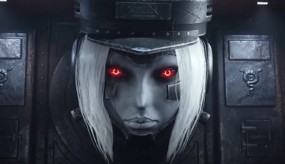 A robotic woman with glowing red eyes, white hair, and robotic implants on her face wearing a police cap that says 'Aylin' stares into the camera
