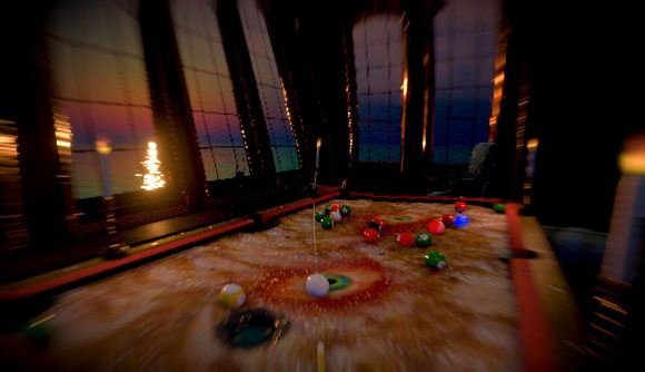 Pool of Madness Steam demo: playing pool on a table of skin and eyes on an old-timey ship