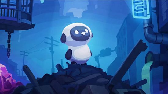 Sheepy stands on a heap of garbage and appraises the dark, dystopian world of Sheepy: A Short Adventure, one of the best platform games.
