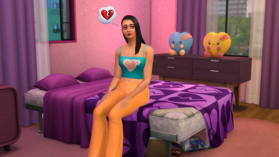 A Sim sits on her bed in a pink bedroom, tears streaking down her face as a broken heart appears above her head in the Sims 4 Lovestruck expansion pack.