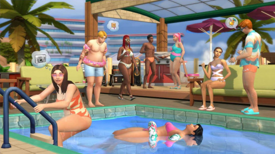 A group of Sims hang out in the pool wearing swimming costumes from the Sims 4 Poolside Splash kit.