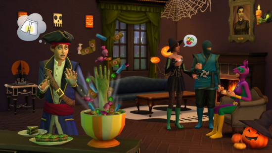 A Halloween house party in a room filled with Spooky stuff from one of the Sims 4 stuff packs.