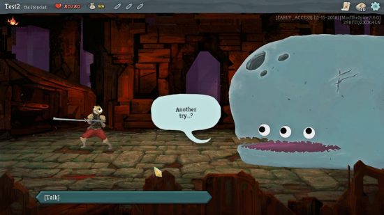 The Ironclad and Neow converse at the beginning of a run, their eyes replaced by the Googly Eyes Slay the Spire mod.