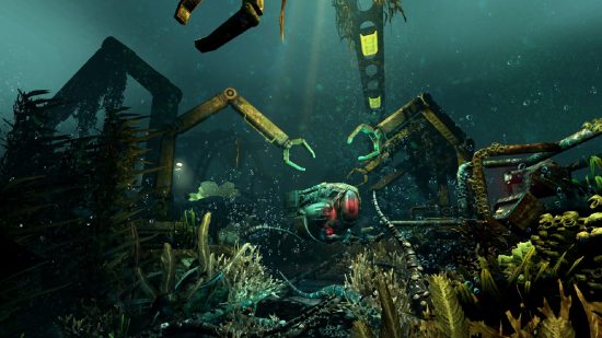 Oferta de Steam de Lovecraftian Days 2024: un buzo submarino te mira desde entre la maquinaria en Soma.
