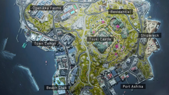 A close up of the Ashika Island Warzone Resurgence map, listing seven POIs.