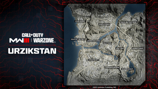 The Warzone Urzikstan map with all POIs listed, for both MW3 and Warzone.