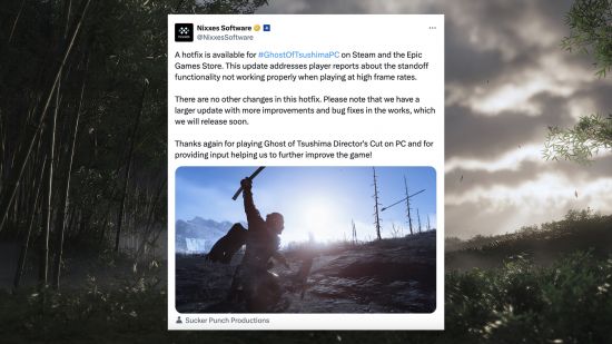 A tweet detailing the latest Ghost of Tsushima hotfix