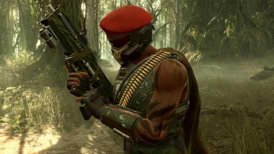 Helldivers 2 Warbonds: a man in a red beret and green camo reloading his AR-23a Liberator Carbine.