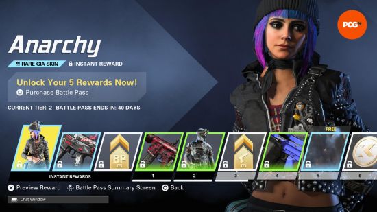 XDefiant Battle Pass: Instant reward sector with Anarchy Gia skin.