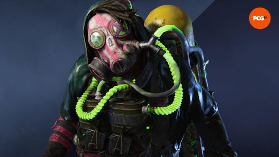 XDefiant best weapons: XDefiant cleaner with white and pink mask in front of a blue background.