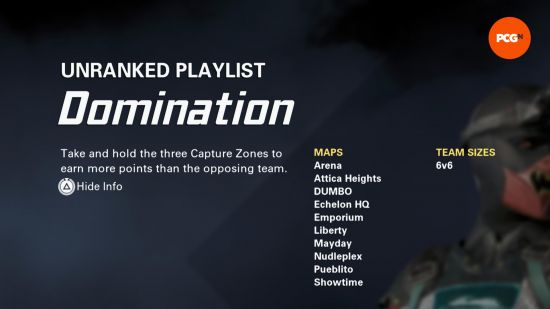 XDefiant game modes: Domination game mode menu screen with a blue background.